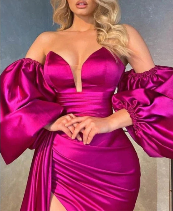 Shiny V-Neck Prom Dress with Detachable Sleeves Ruffles and Split